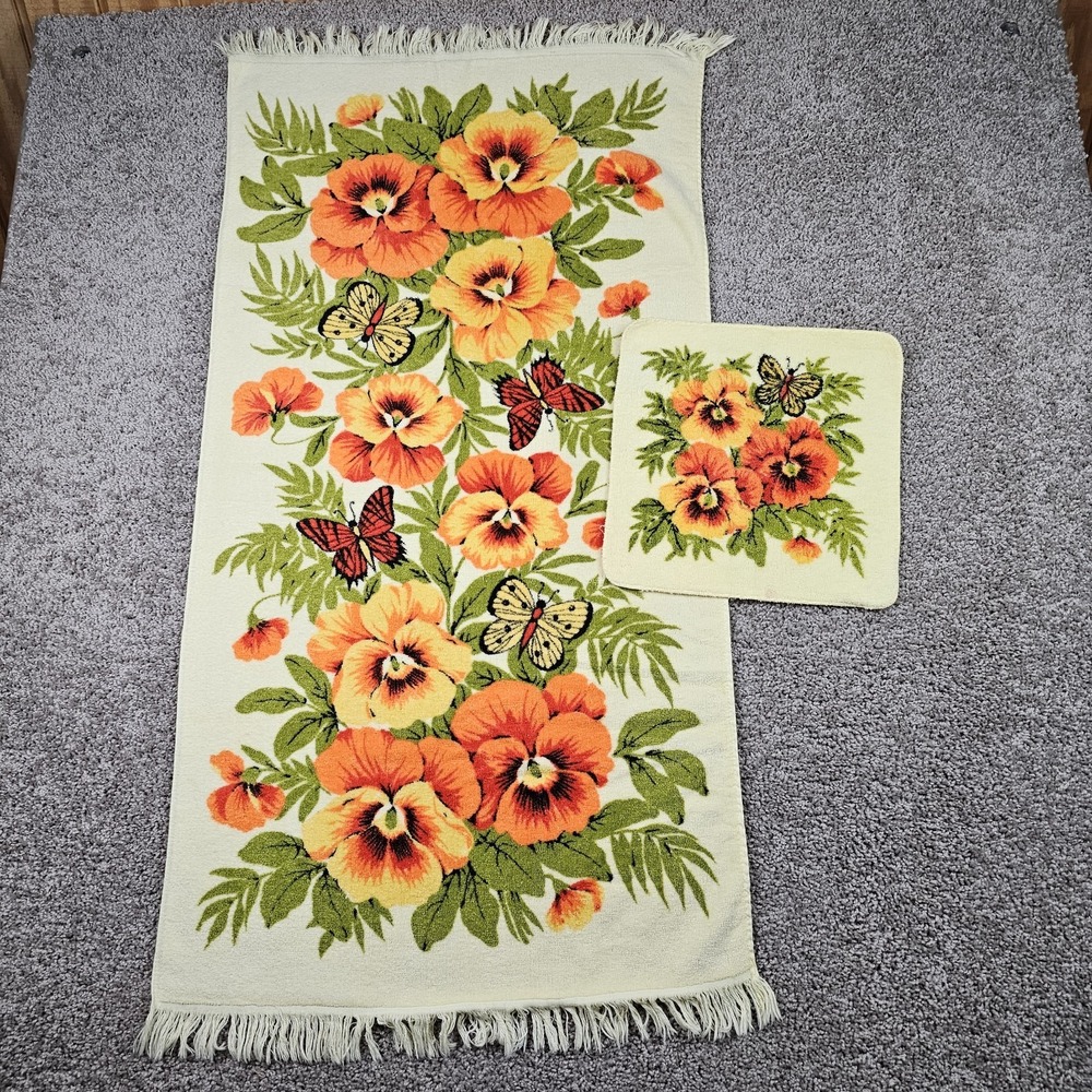 Vintage Cannon Yellow & Orange Floral Butterfly Bath Towel & Washcloth Fringe